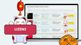 Cartoon-Katze mit einem Schild LIZENZ vor dem Laptop, das vertrauenswürdige Casinos anzeigt