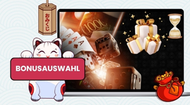 Cartoon-Katze mit BONUSAUSWAHL-Schild vor dem Laptop mit Casino-Bonusmöglichkeiten