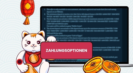 Cartoon-Katze mit einem Schild Zahlungsoptionen vor einem Laptop mit Casino-Zahlungsbedingungen