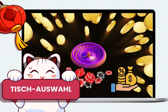 Cartoon-Katze mit einem Schild Tisch-Auswahl vor dem Laptop, auf dem Live-Casino-Tische angezeigt werden