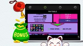 Casino Mania Auszahlungstabelle mit der Glückskatze und gelbem Bonussack