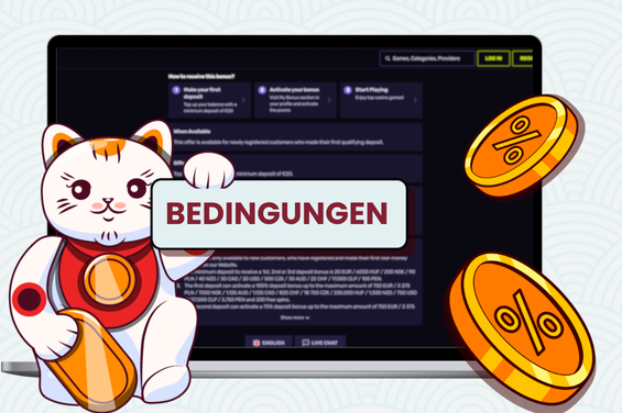 Deutsche Glücksspielseite mit einer Cartoon-Katze und dem Schriftzug "Bedingungen" für einen Bonus