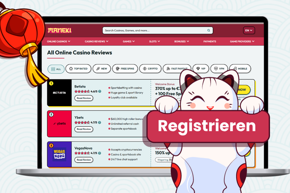 Deutsche Glücksspielseite mit einer Cartoon-Katze, den Schriftzügen "DE" und "Registrieren".