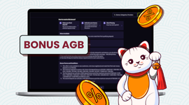 Cartoon-Katze winkt und hält ein Schild mit der Aufschrift „Bonus AGB“ in der Hand.