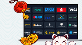 Eine Cartoon-Katze zund verschiedene Online-Zahlungsmethoden, darunter Visa, Klarna und Bitcoin