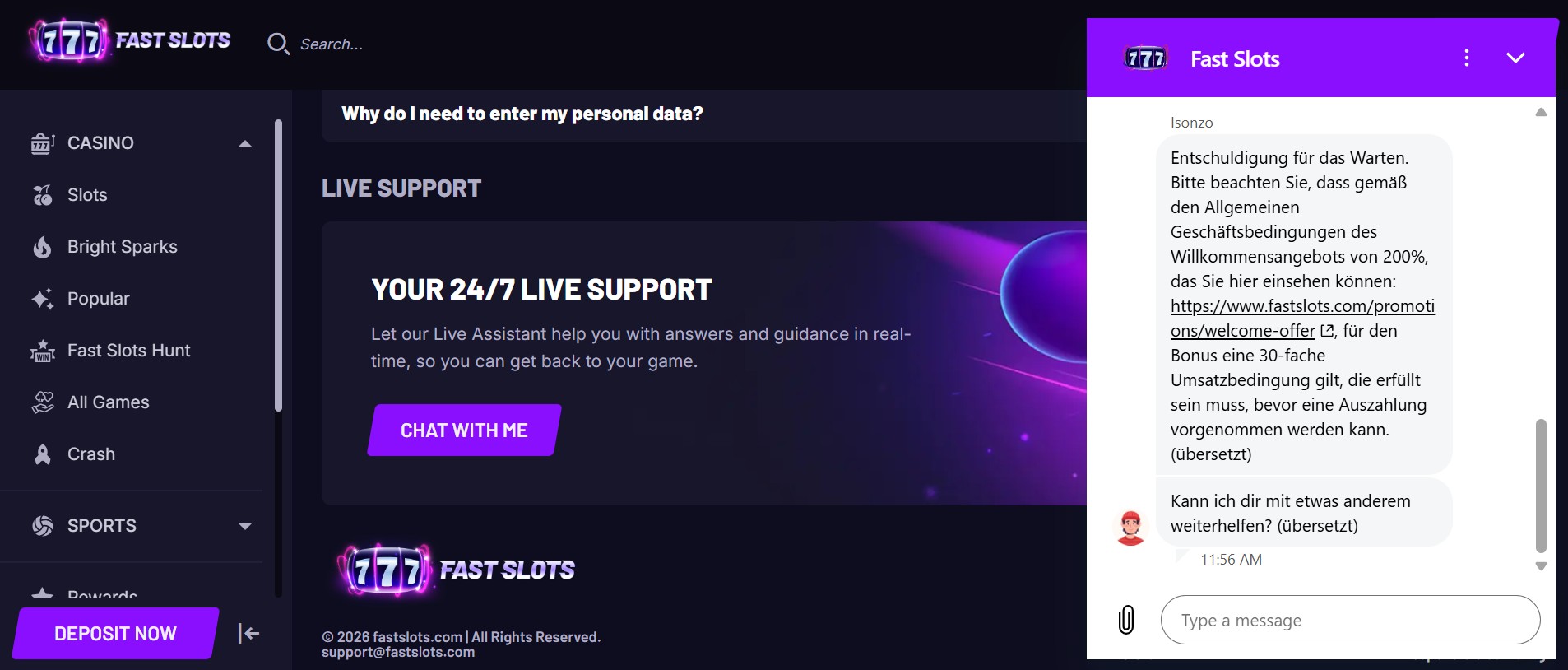 Screenshot des FAQ-Bereichs bei FastSlots und Chat mit dem Kundenservice zu den Bonusbedingungen