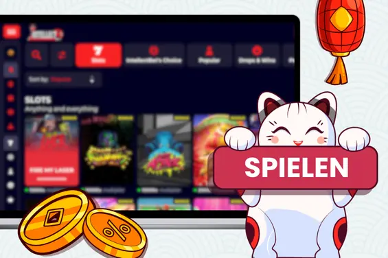 Cartoon-Katze winkt und hält ein Schild mit der Aufschrift Spielen in der Hand.