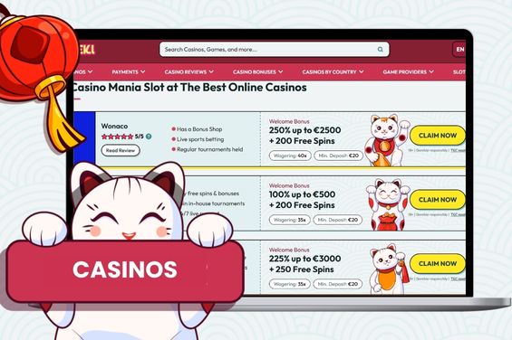 Laptop screen showing licensed online casinos with red lantern, and a cat with sign saying Casinos