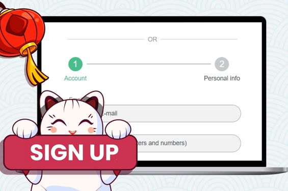 Cartoon cat in front of a sign Sign-Up and a laptop showing casino registration and a red lantern