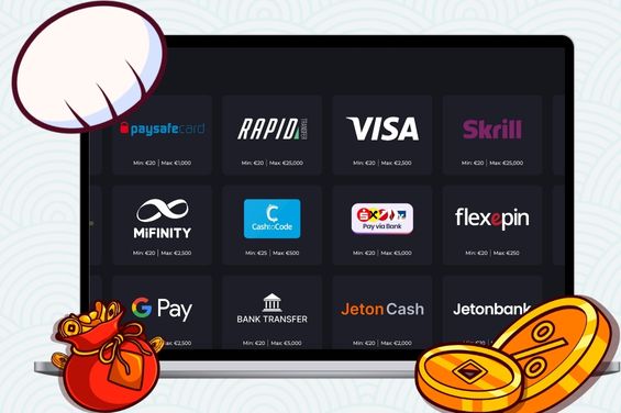 Cartoon cat's paw in front of a laptop showing casino payment methods and red wallet with coins