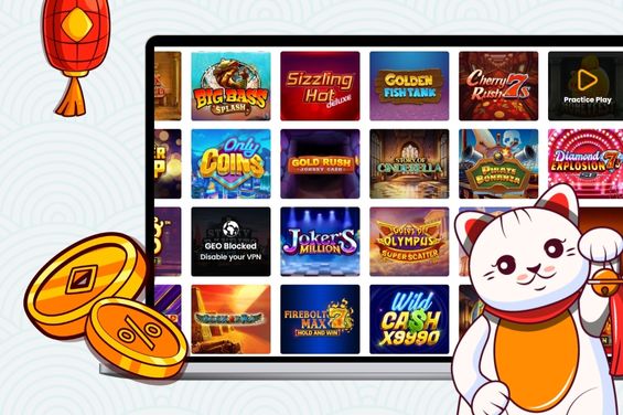Cartoon cat in front of a laptop showing casino games site and a red lantern decoration with coins
