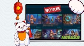 Bonus image with the Neteller logo, Maneki cat and red bonus icon.
