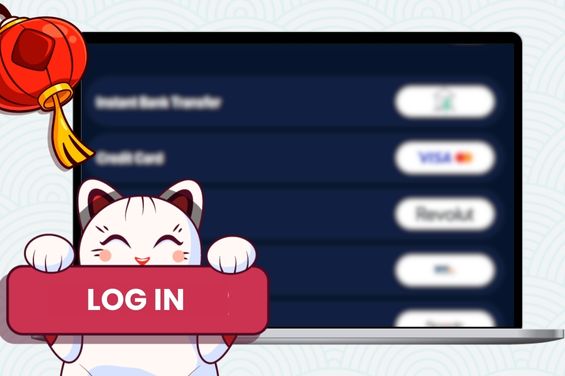 Cartoon cat in front of a sign LOG IN and a laptop showing casino depositing section