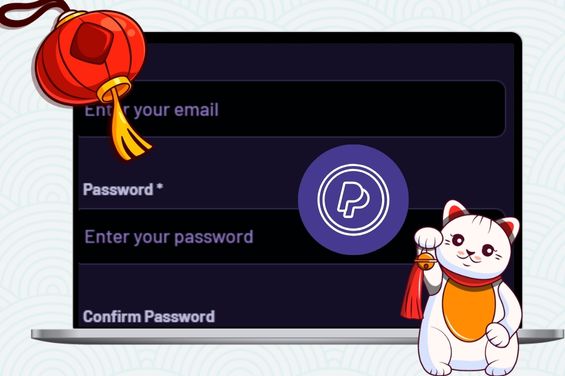 Cartoon cat in front of a laptop showing casino deposit page with PayPal logo and a red lantern