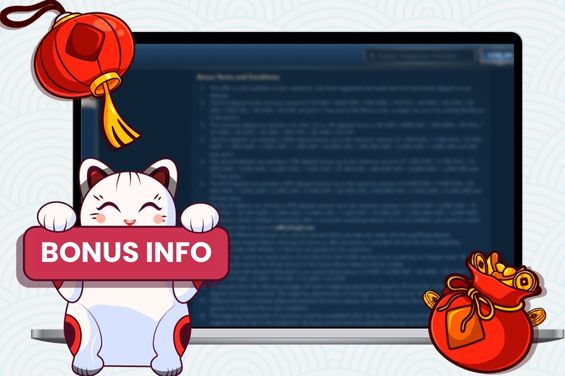 Cartoon cat in front of a sign BONUS INFO and a laptop showing casino bonus terms and coins