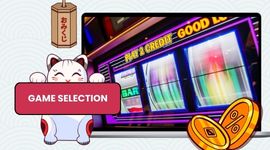 Cartoon cat holding Mobile Speed sign in front of a laptop screen showing slot games with coins