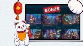 Cartoon cat holding Payments sign in front of a laptop screen showing casino payments with coins