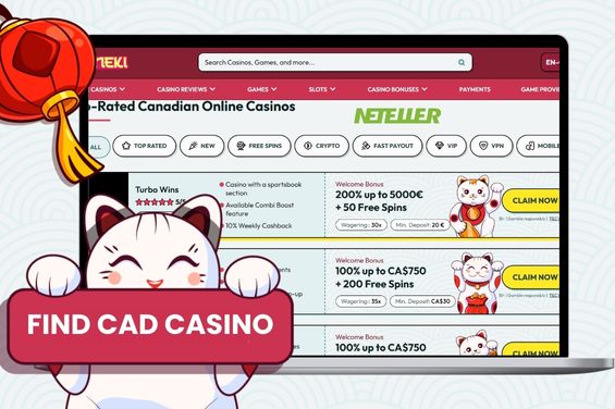 Neteller casinos list with the Maneki cat holding the find a cad casino banner.