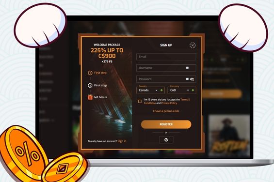 cartoon cat with paws holding a laptop screen which shows VPN-friendly casino registration page