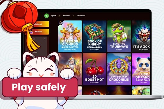Cartoon cat holding a sign PLAY SAFELY in front of a laptop showing best VPN casino games