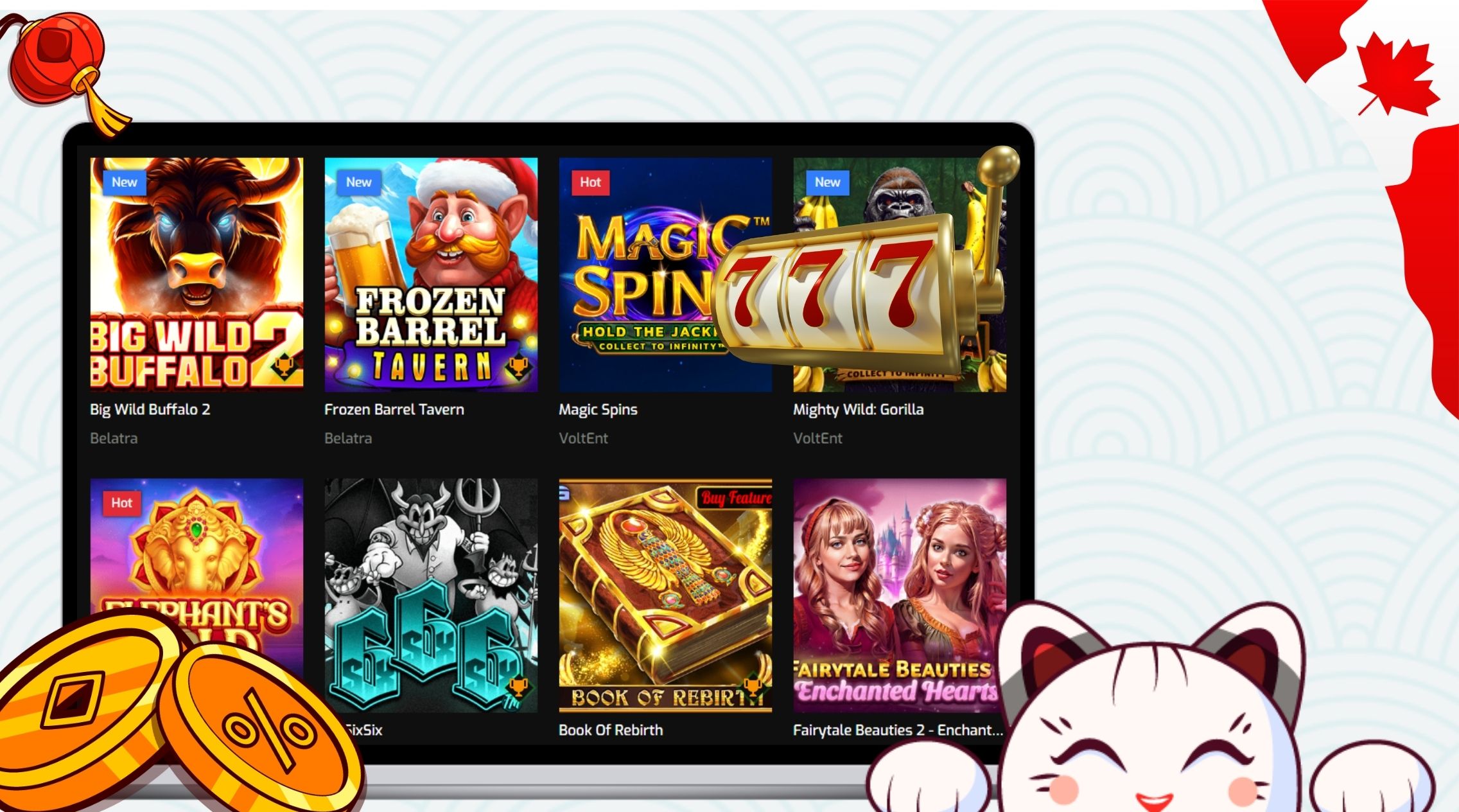 Happy cat next to a laptop next to a laptop showing high rtp slots for canadian players.