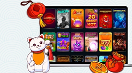 Cartoon cat with a lucky charm, showing many online casino slot games on a laptop.