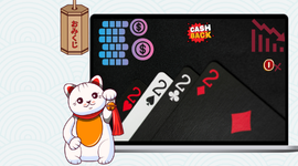 Casino cards image featuring decreasing graphic rate, cashback icon and Maneki cat on the left.