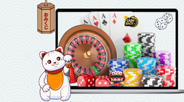 Roulette, cards, casino chips and dice with cashback bonus icon and the Maneki cat.