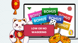 Colourful bonus banners with 0 and low icons and Maneki cat.