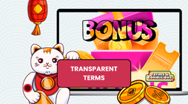 Shiny pink bonus box with transparent bonus banner and terms and conditions banner.