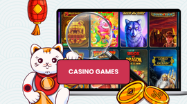 Various casino games with a big magnifier and Maneki cat.