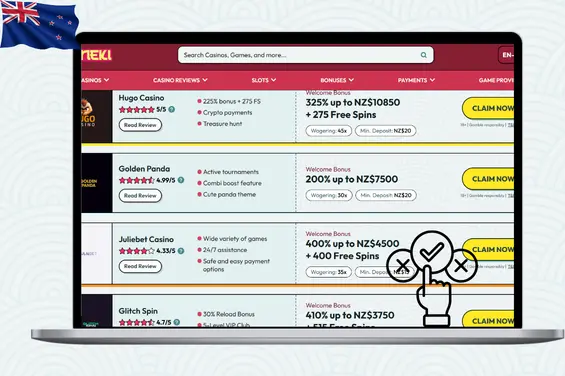 List of NZ casino reviews and bonuses with Maneki logo.