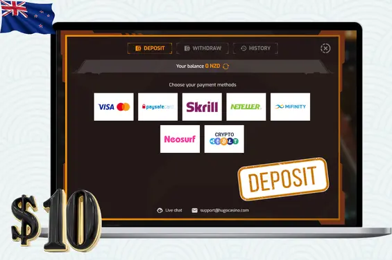 Deposit interface highlighting the $10 minimum for various NZ payment methods.