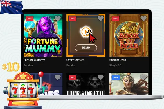 Grid of popular slot games like Book of Dead with a "Demo" play option.