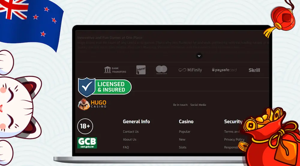 Casino footer showing NZ license, payment logos like Skrill, and 18+ badge.