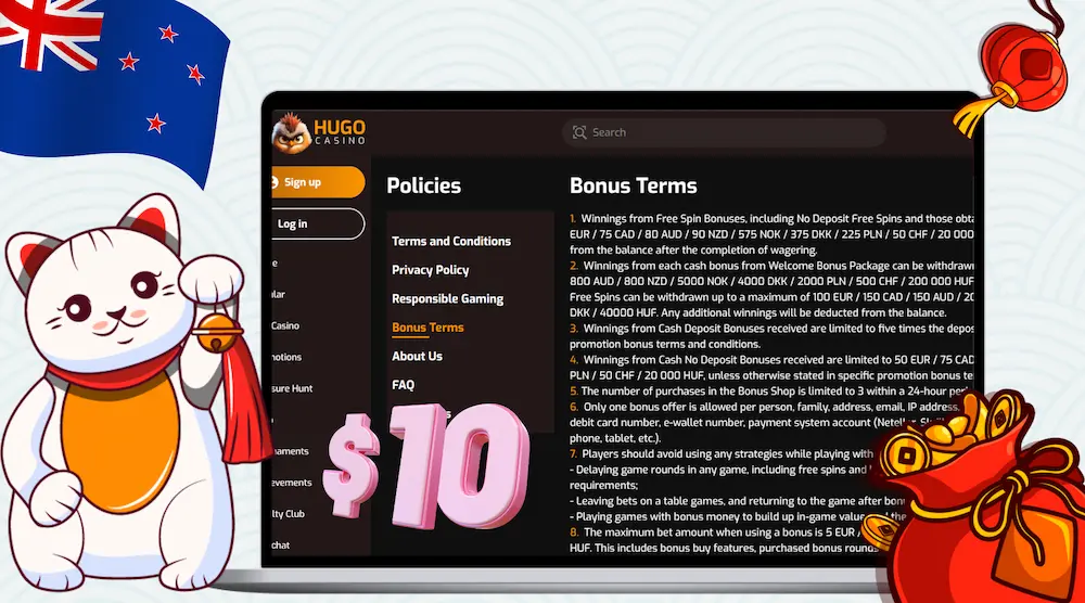 Bonus terms page for online casino detailing NZD wagering and withdrawal limits.
