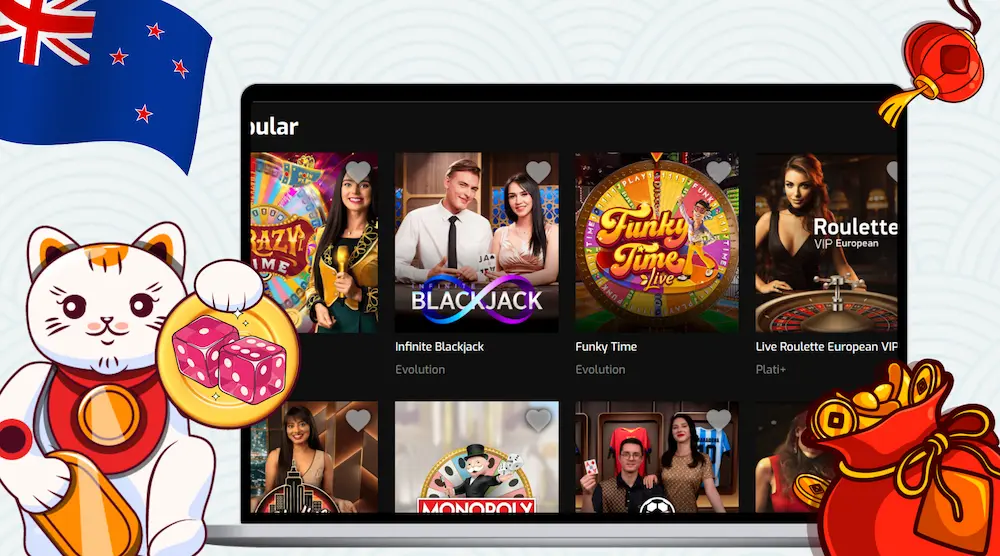 Selection of popular live dealer games including Blackjack and Funky Time.