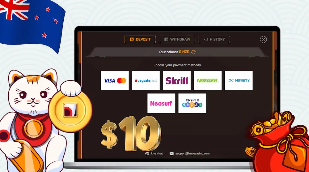 Payment method selection screen featuring Visa, Skrill, Neteller, and Crypto.