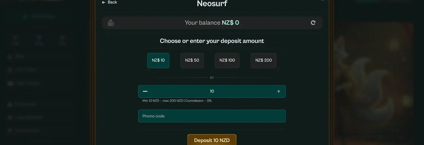 Neosurf deposit screenshot of an online casino with 10 dollars deposit button.