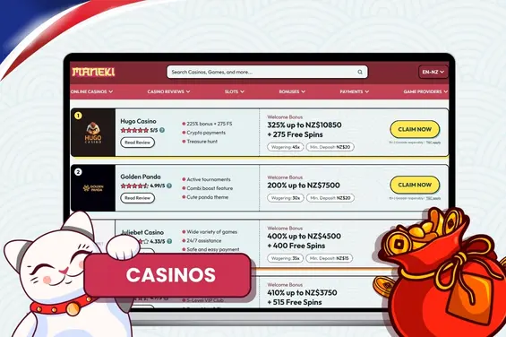 Maneki cat with a sign of casinos next to a wallet and a laptop showing trusted NZ casinos with 1 dollar deposits