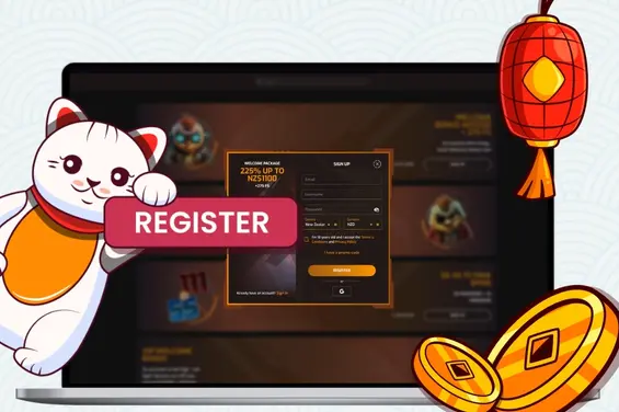 Maneki cat with a sign of register next to coins and a laptop showing one dollar deposit casino registration