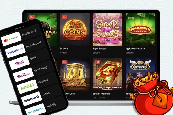 Mobile showing casino payment options next to wallet and a laptop showing casino slot games