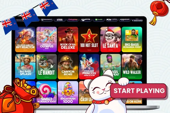 Maneki cat with a sign of start playing next to wallet and a laptop showing casino slot games