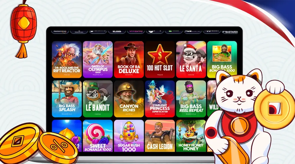 Maneki cat with coins next to a laptop showing game selection at one dollar deposit online casino