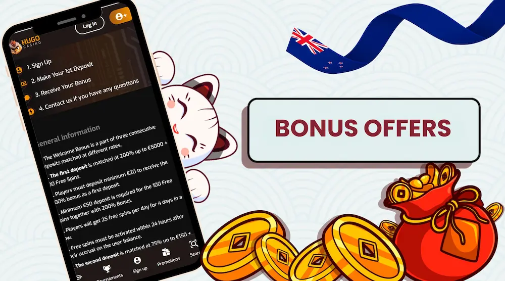 Sign of bonus offers next to Maneki cat and a mobile showing one dollar deposit casino bonus info