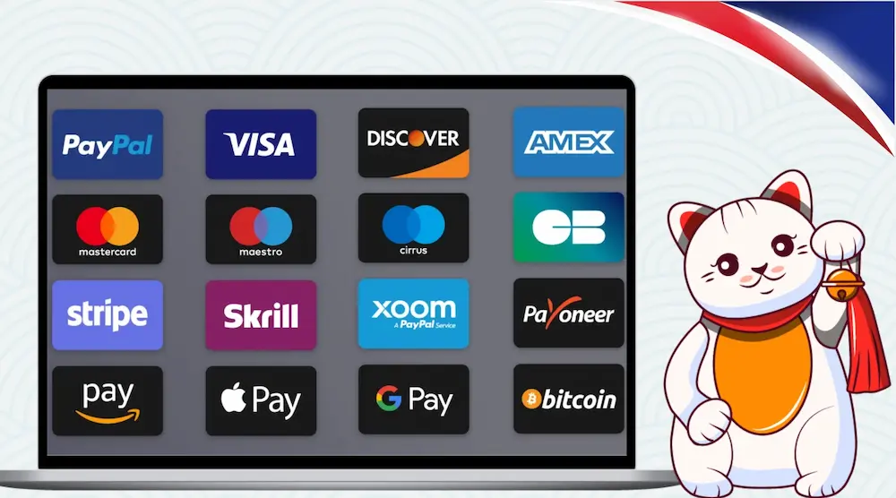 Playful Maneki cat next to NZ flag and a laptop showing one dollar casino deposit options
