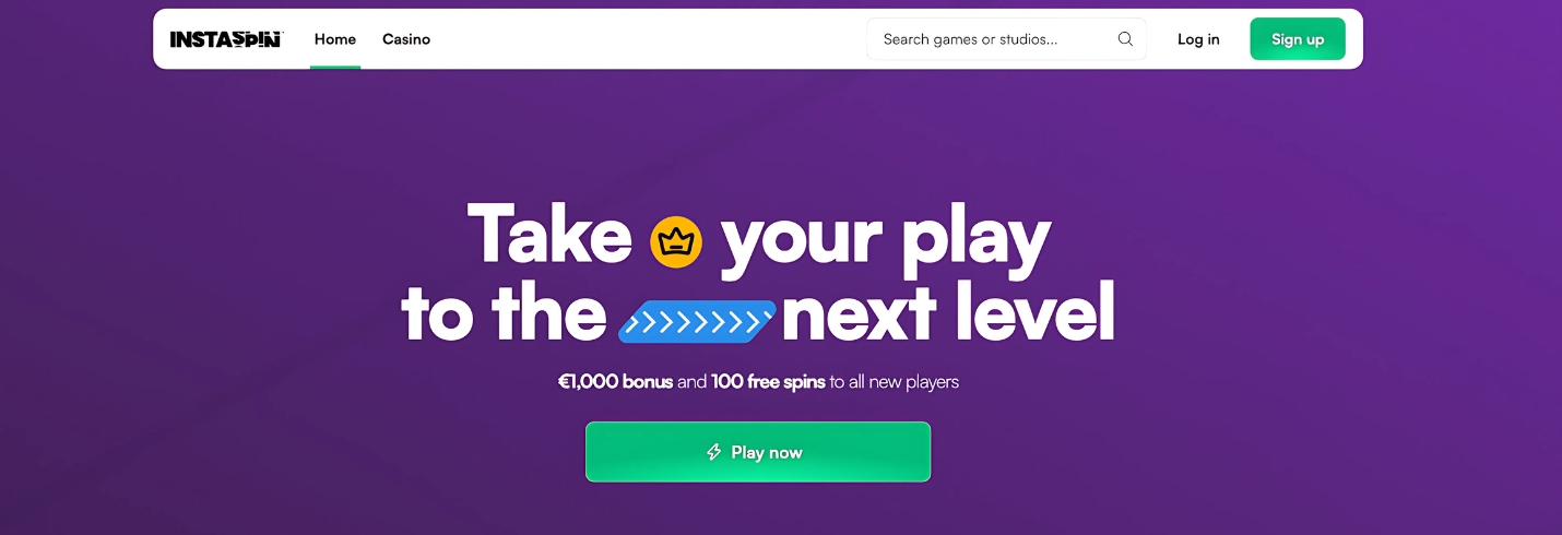 Instaspin Casino welcome bonus banner offering €1,000 and 100 free spins after registration and deposit.