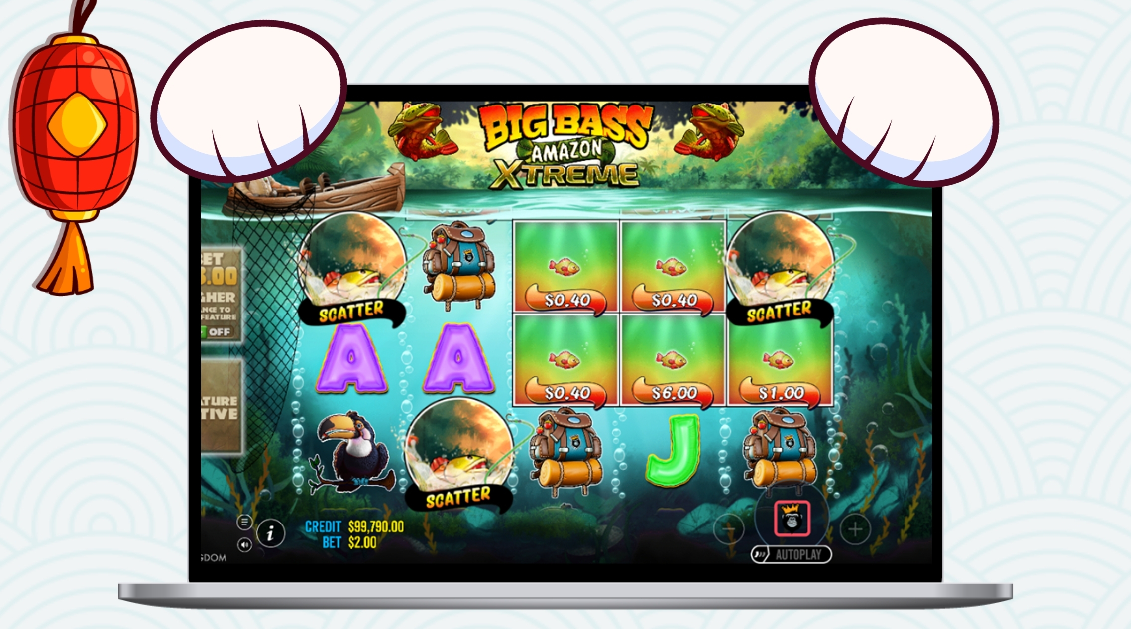 Laptop screen showing Big Bass Amazon Xtreme gameplay with three Scatter symbols on the reels.