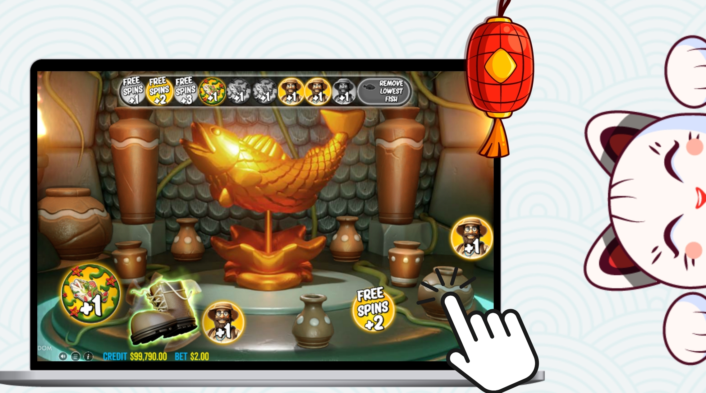 Bonus feature screen in the slot game showing a golden fish statue and various power-up icons.