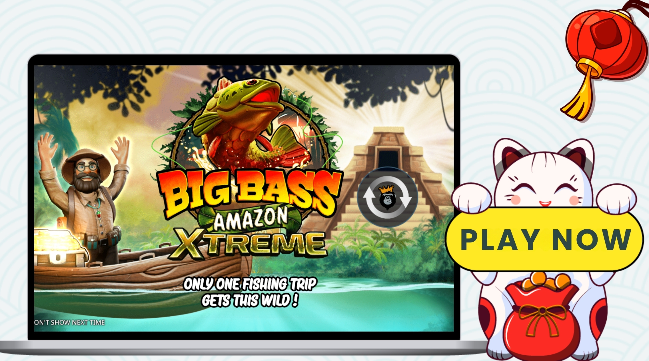 Title screen for Big Bass Amazon Xtreme with a fisherman in a boat and a Play Now button.
